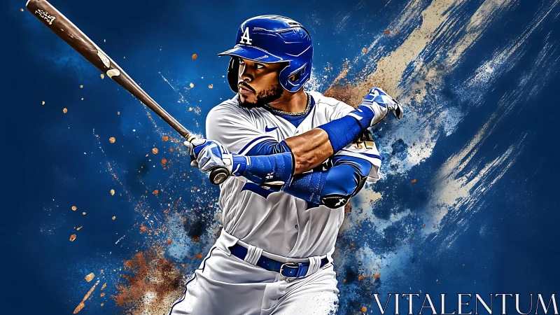 Explosive blue slugger mid-swing in painterly diamond storm.