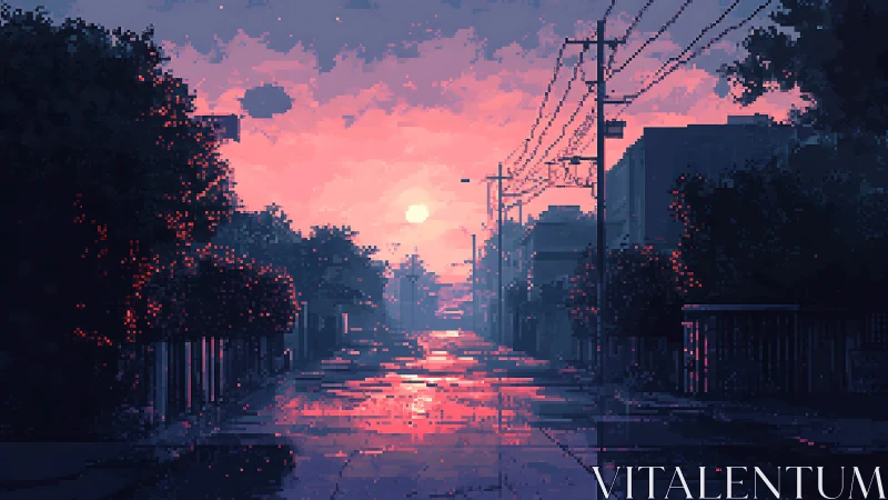 Pixel art urban street captures reflective sunset after rain