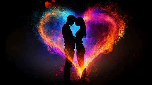 Silhouetted Couple Kissing Within Fiery Heart Glow.