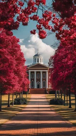 Neoclassical campus hall framed by vivid crimson foliage.
