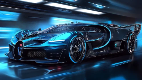 Neon midnight hypercar streaking through liquid blue speed.