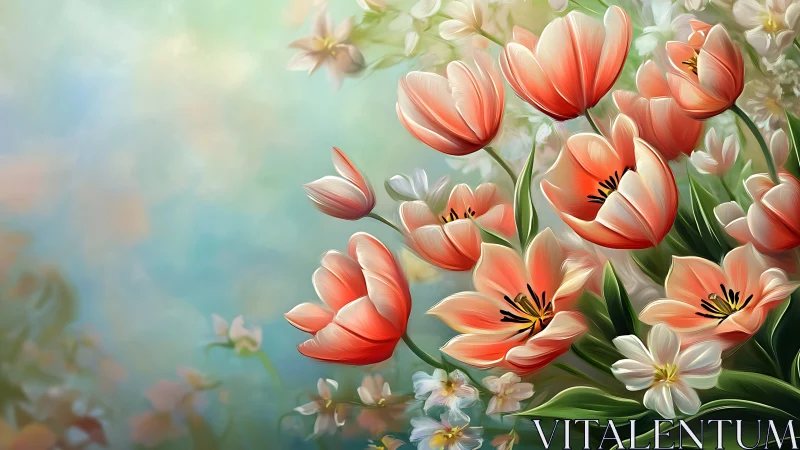 Radiant Coral Tulips Dance in Soft Spring Light