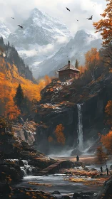 Mountain cabin above waterfall in autumn forest landscape.