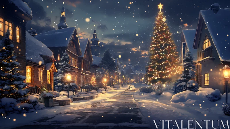 Digital painting of illuminated snowy Christmas village street.