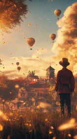 Sunlit town dreams with drifting hot air balloons at dusk.