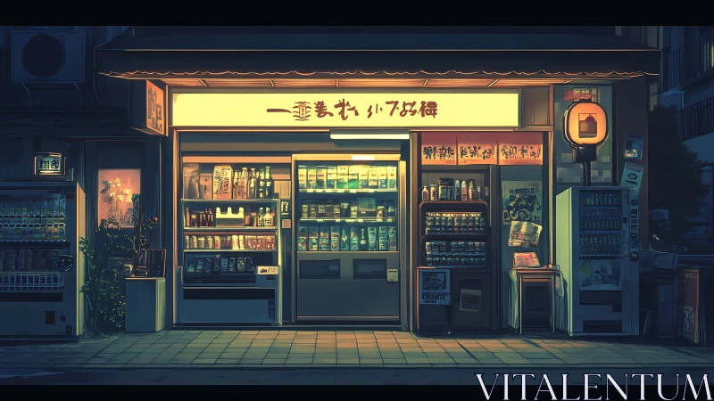 Neon dusk convenience store quietly glows on a city street
