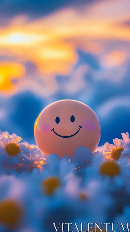 Smiling pastel sphere rests softly among glowing daisies