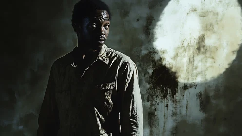 Moon-stained spotlight catches a wary wanderer in shadow