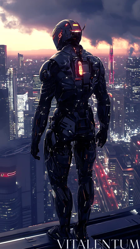 Cybernetic sentinel surveys neon city at stormlit dusk