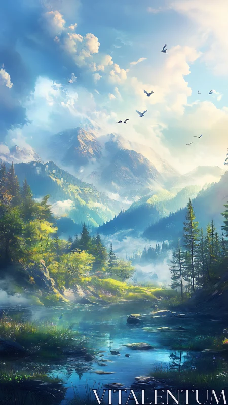 Luminous alpine valley with misted peaks and reflective river.