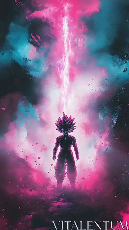 Energy-charged warrior stands in neon storm of rising power