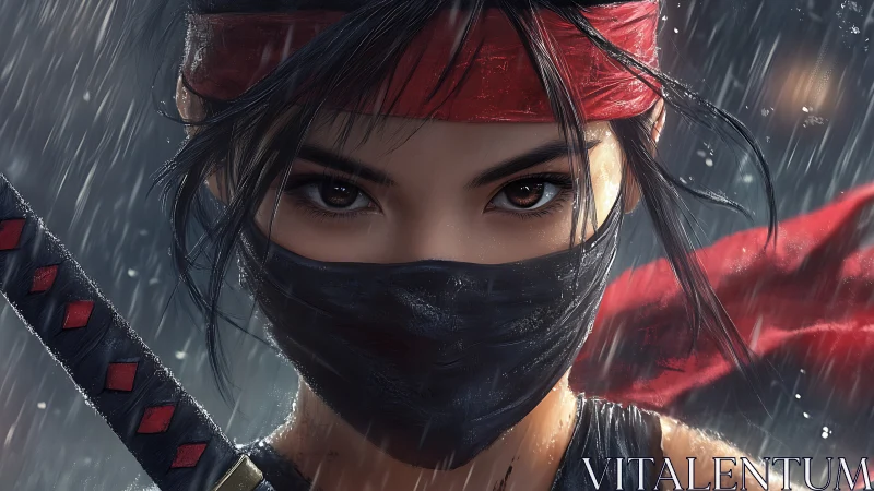 Masked warrior holds a steady gaze in a storm of rain