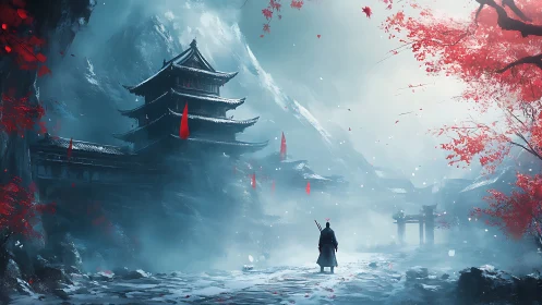 Samurai figure in misted mountain temple landscape scene.