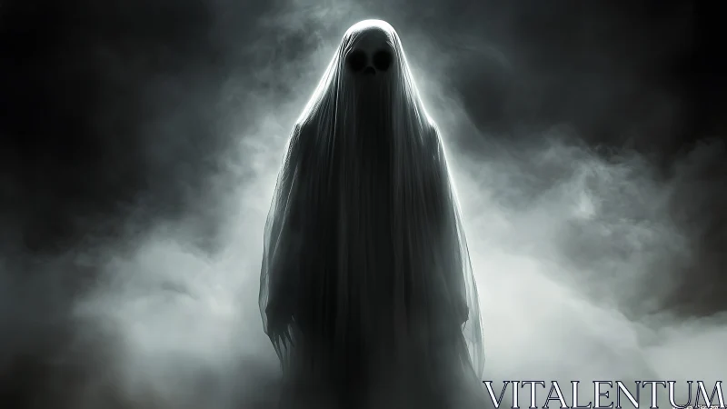 Backlit spectral figure in volumetric fog with draped shroud