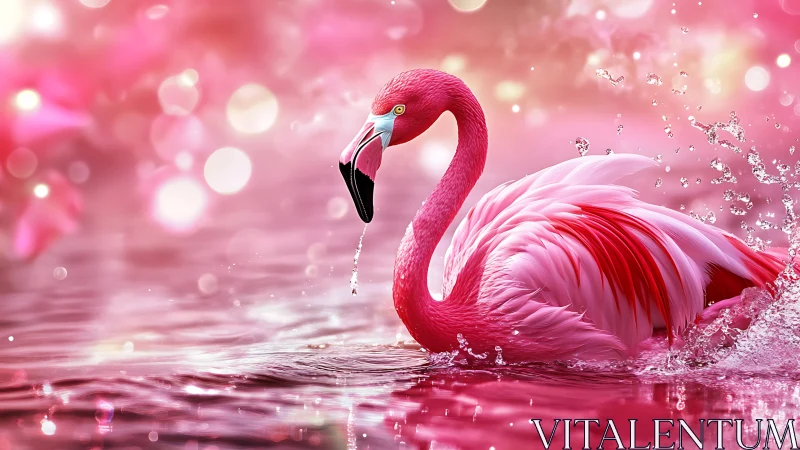 Digital flamingo render moves through pink reflective water