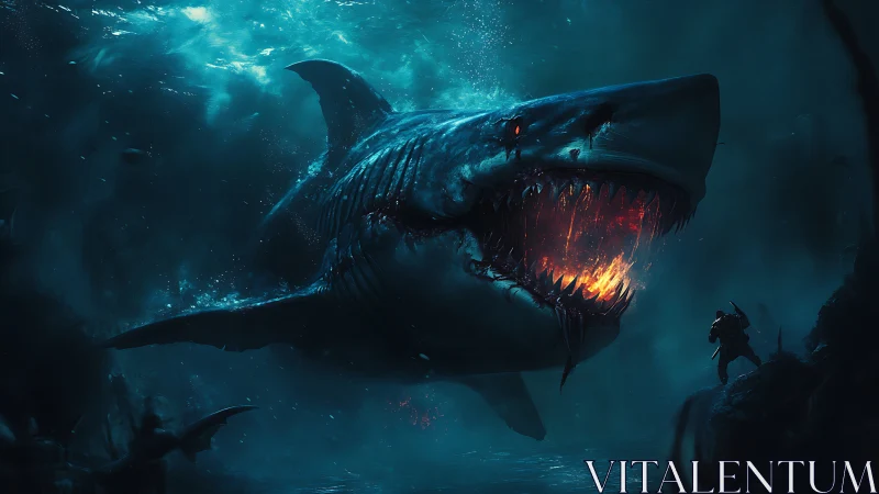 Colossal infernal shark lunges through abyssal water toward diver