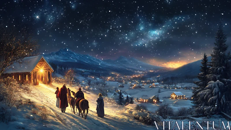 Snow-covered valley landscape shows travelers under starry sky