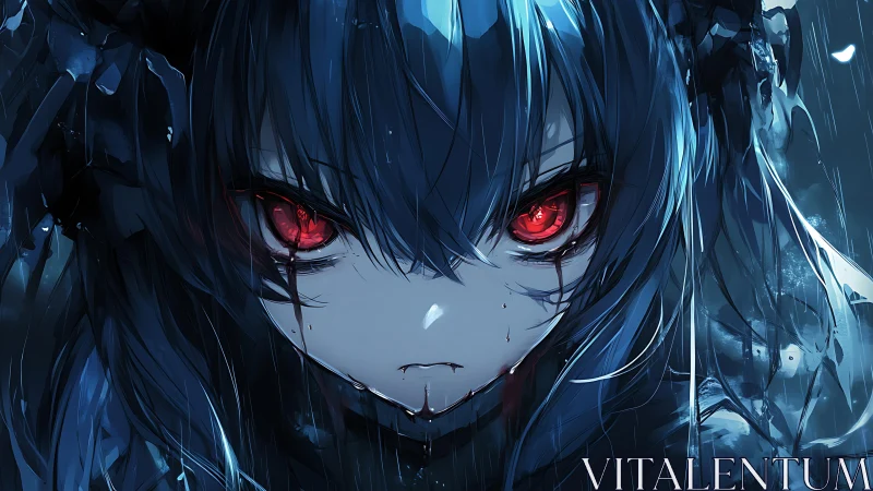 Stormlit crimson gaze of a vengeful midnight anime girl.