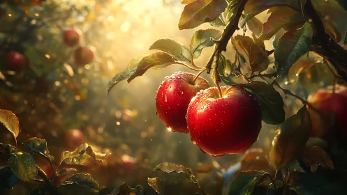 Sunlit orchard apples glowing with morning dewdrops.