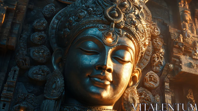 Golden temple guardian dreaming in molten evening light.