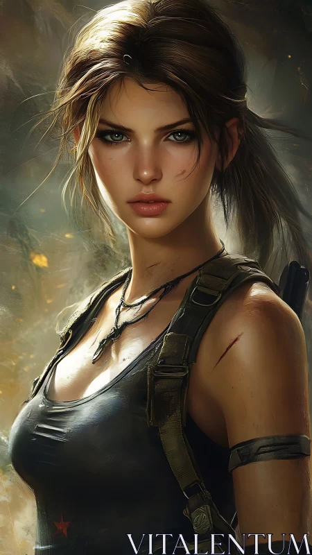 Battle-ready female warrior in tactical gear portrait.