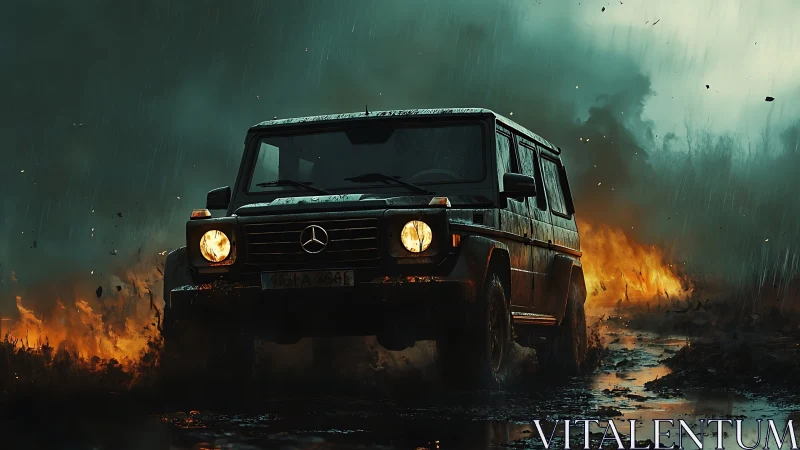 Mud-bruised Mercedes muscles through stormlit fire and rain