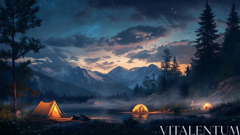 Mountain lake campsite under twilight sky with glowing tents.