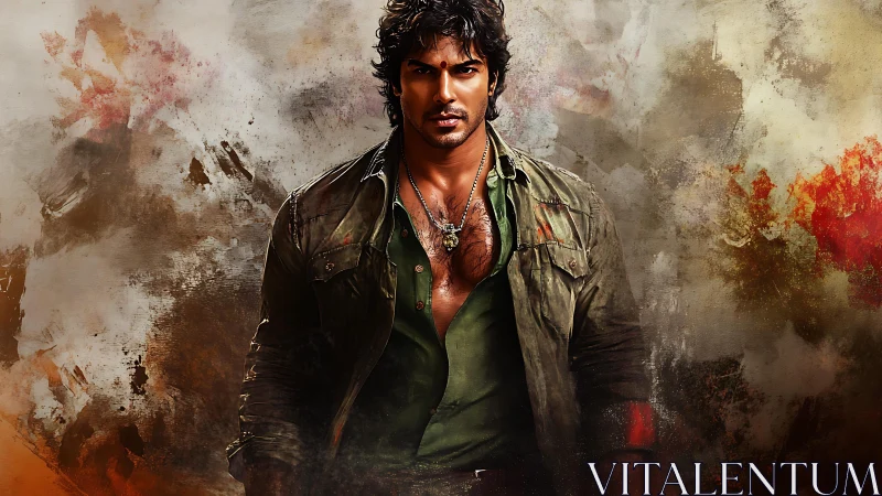 Brooding jungle drifter strides through storm of color and grit.