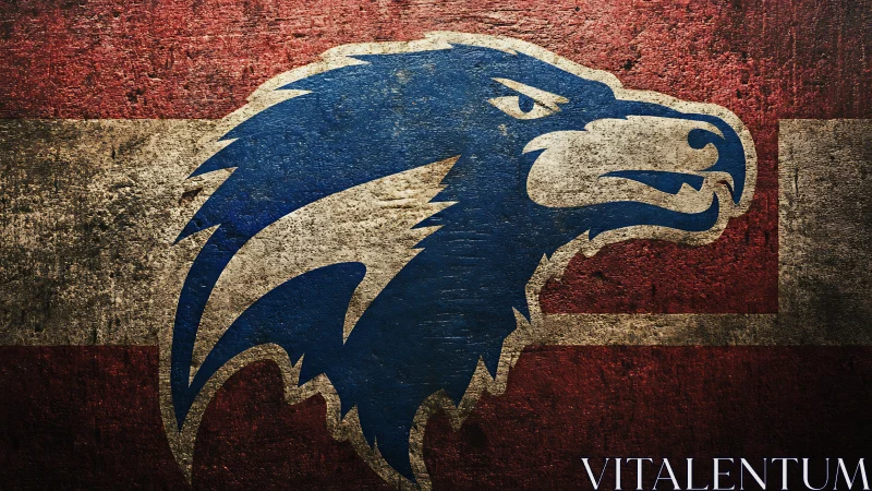 Grunge style blue hawk mascot on red and white banner