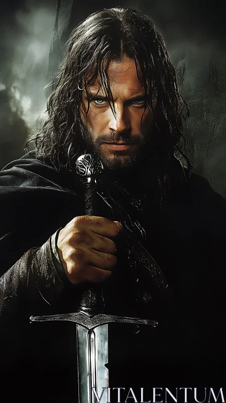 Determined warrior holding his sword with quiet resolve.