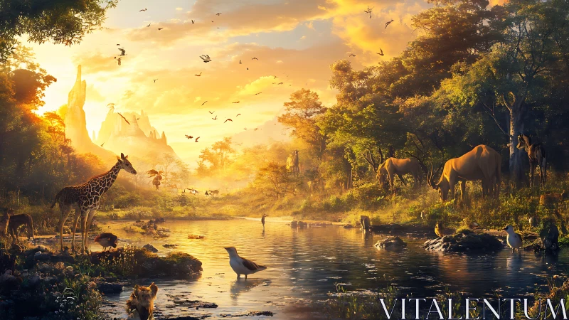 Sunrise menagerie gathers at a spellbound jungle river.