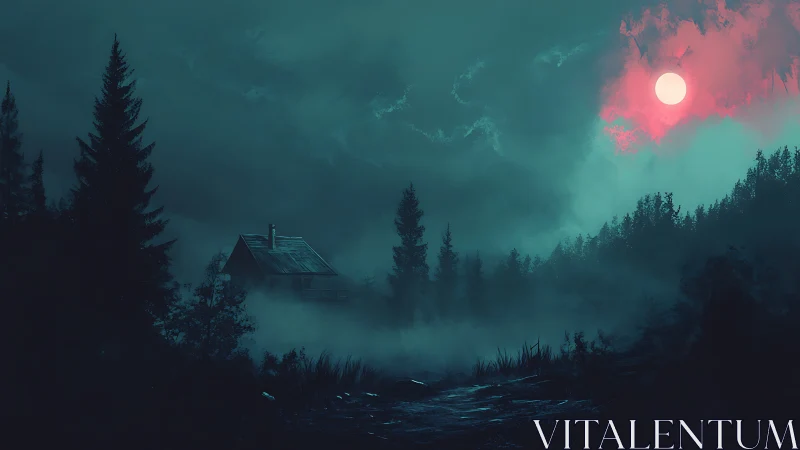 Solitary Forest Cabin Under Pink Moon.