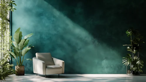 Photorealistic serene lounge with emerald textured accent wall.