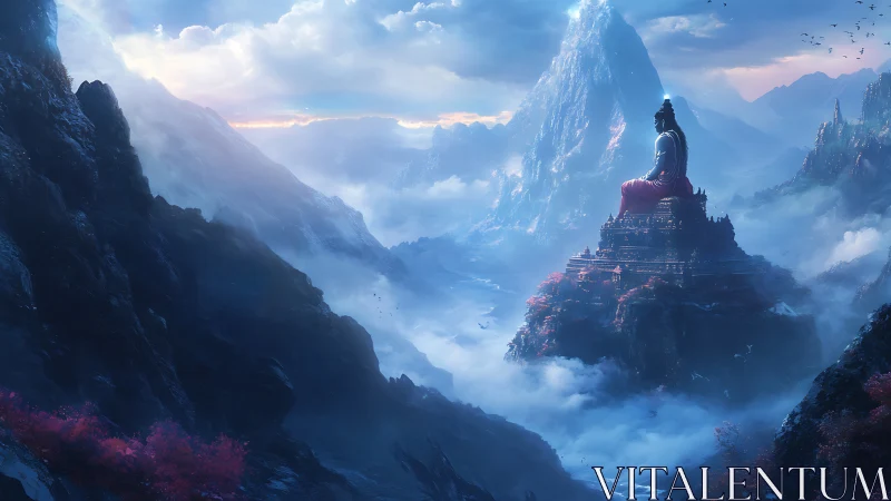 Serene mountain deity gazes over misty fantasy valley at dawn
