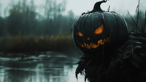 Sinister jack-o&rsquo;-lantern stalks a foggy marsh at night