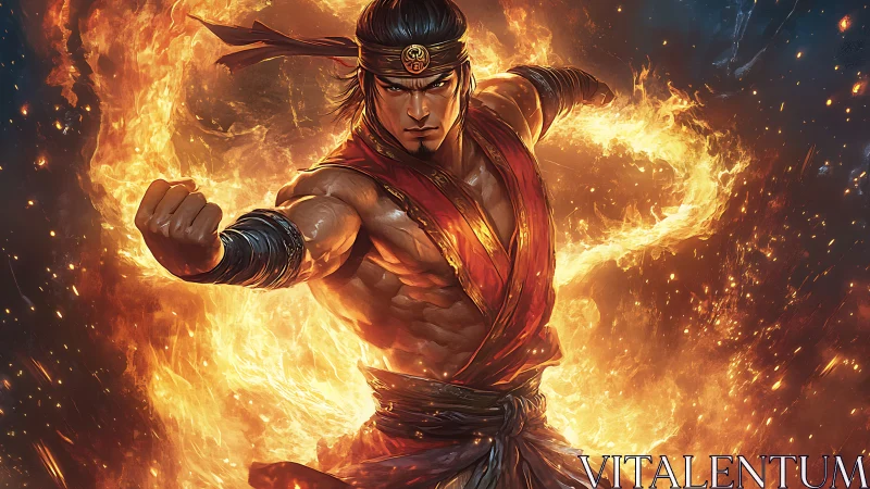 Blazing martial hero coiling fire into a furious comet strike.