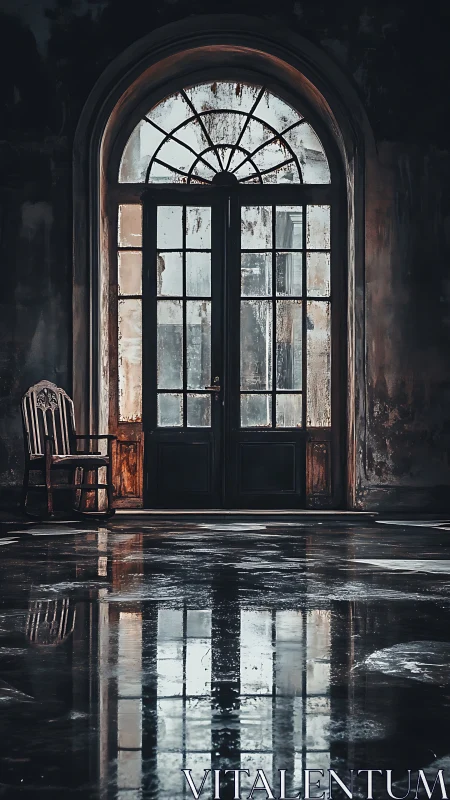 Arched glass doorway with decayed finishes and mirrorlike floor.