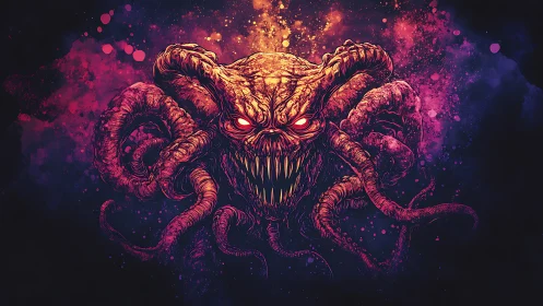 Neon cosmic horror beast emerges from swirling void