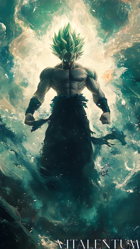 Energy-charged warrior rises from swirling teal cosmos