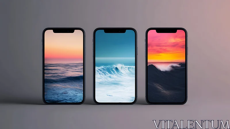 Triple smartphone lineup displays high-resolution ocean wave wallpapers