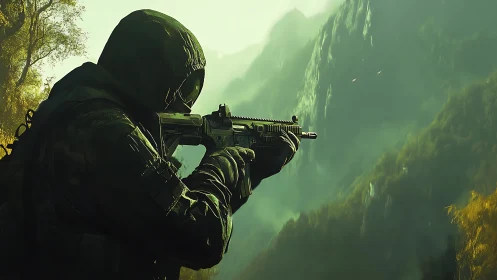 Hooded tactical sniper aims rifle across misty green valley