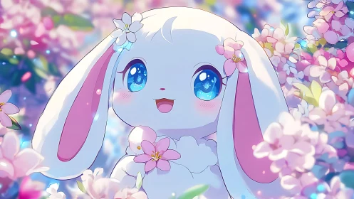 Large-eyed pastel bunny rendered with high-saturation anime lighting