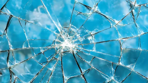 Shimmering cracked glass web against a bright blue sky.
