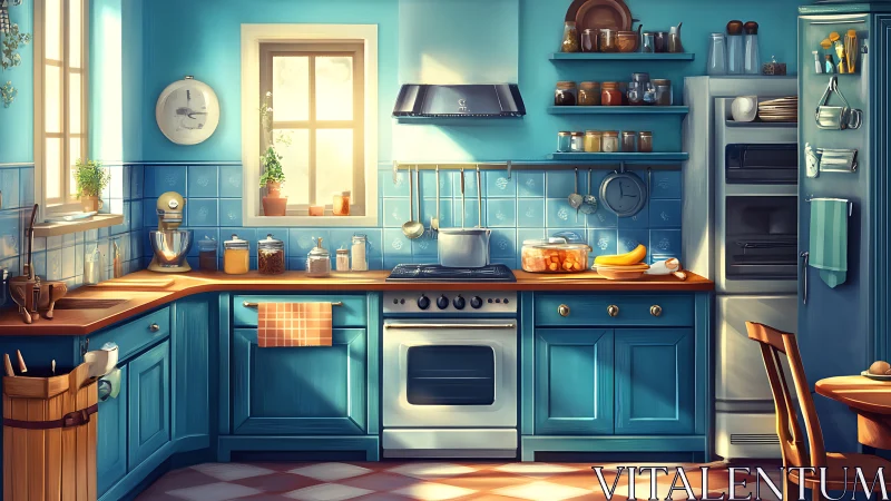 Digital rendering shows organized blue kitchen interior layout