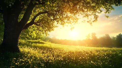Morning sunlight spills like liquid gold across the meadow