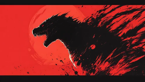 Silhouette of giant roaring monster against red moon