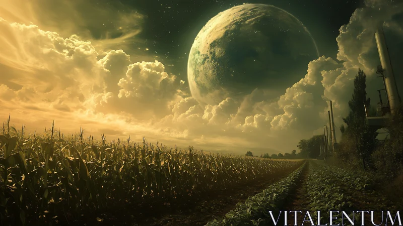 Cornfield and industrial structures under large planet sky