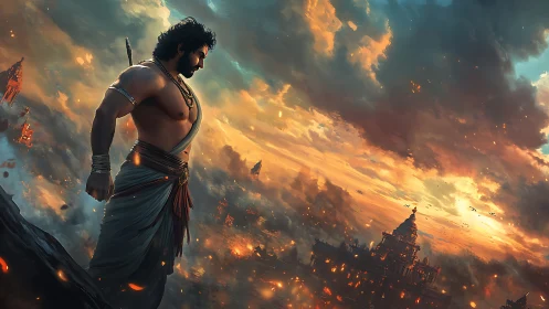 Warrior at dusk overlooking a burning mythic kingdom.