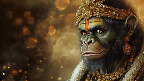 Regal monkey deity gazes softly through golden swirling light