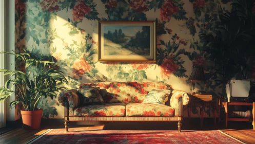 Sunlit floral sofa anchors vintage living room interior